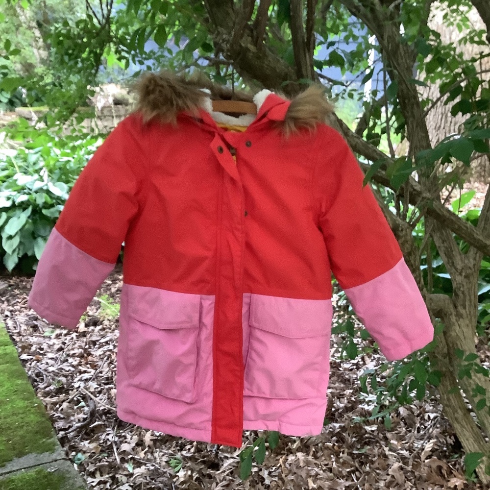 Mini Boden girls winter coat, size 6/7, red and pink